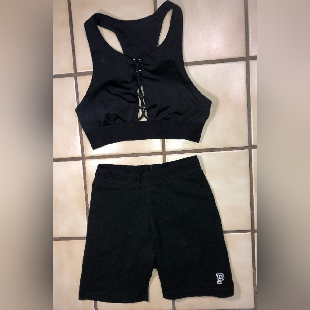 PINK black workout outfit xs top s biker short